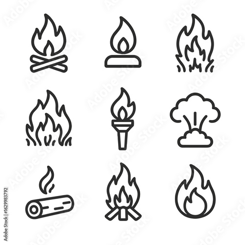Flame and Flood Icons. Outline icon set of flame types: campfire flame, gas flame, candle flame, wildfire, torch flame, explosion,