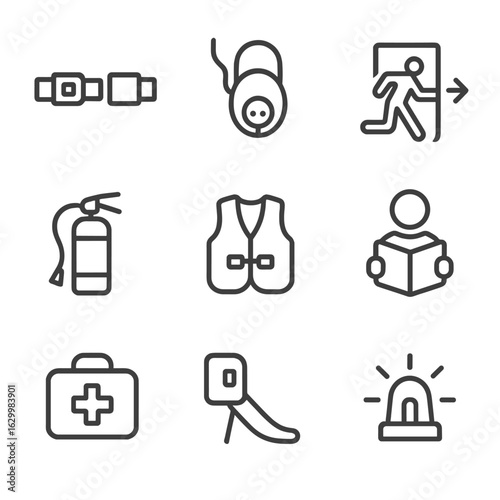 Flight Safety Icons. Outline icon set of flight log safety: seatbelt sign, oxygen mask, emergency exit, fire extinguisher, life