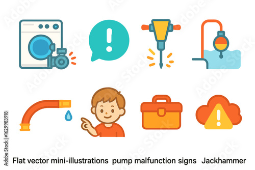 Colorful Appliance Icons. Flat vector mini-illustrations pump malfunction signs in colors children's illustrations: washing