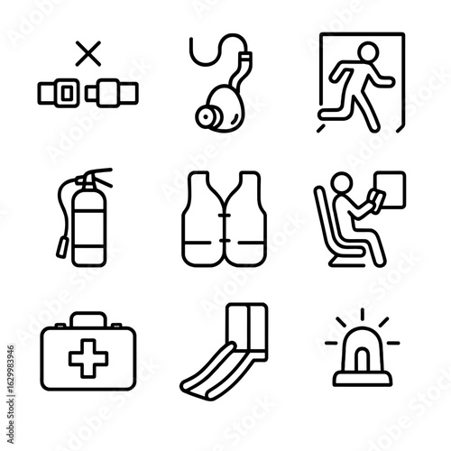 Flight Safety Icons. Outline icon set of flight log safety: seatbelt sign, oxygen mask, emergency exit, fire extinguisher, life