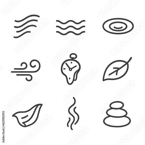 Fluidity Icon Set. Outline icon set of fluidity and change: flowing water, waves, ripple, wind swirl, melting clock, drifting leaf
