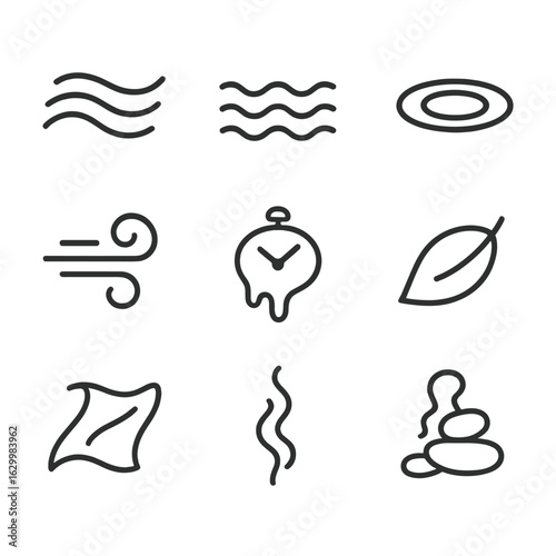 Fluidity Icon Set. Outline icon set of fluidity and change: flowing water, waves, ripple, wind swirl, melting clock, drifting leaf