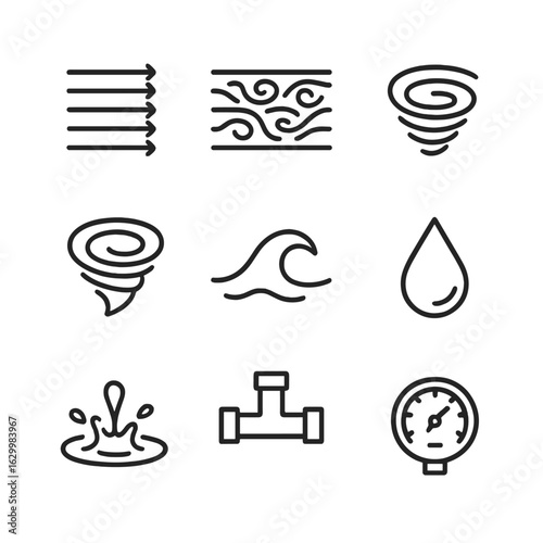 Fluid Dynamics Icons. Outline icon set of fluid dynamics: laminar flow, turbulent flow, vortex, whirlpool, wave, drop, splash,