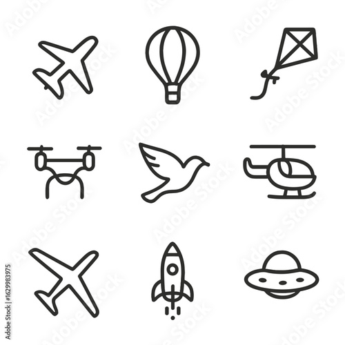 Flying Objects Icons. Outline icon set of flying objects: airplane, hot air balloon, kite, drone, bird, helicopter, glider, rocket
