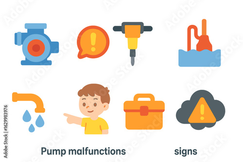 Colorful Appliance Icons. Flat vector mini-illustrations pump malfunction signs in colors children's illustrations: washing