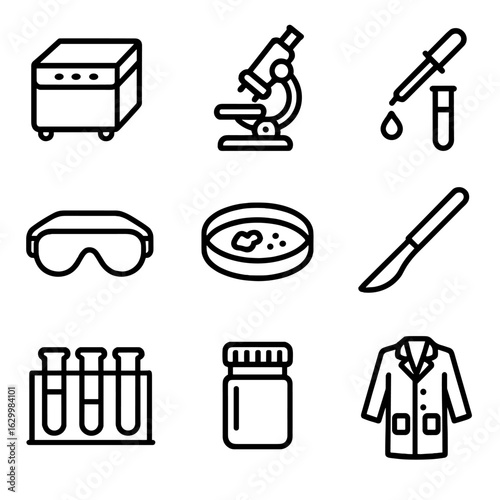 Forensic Lab Icon Set. Outline icon set of forensic lab equipment: centrifuge, microscope, chemical test, safety goggles, petri