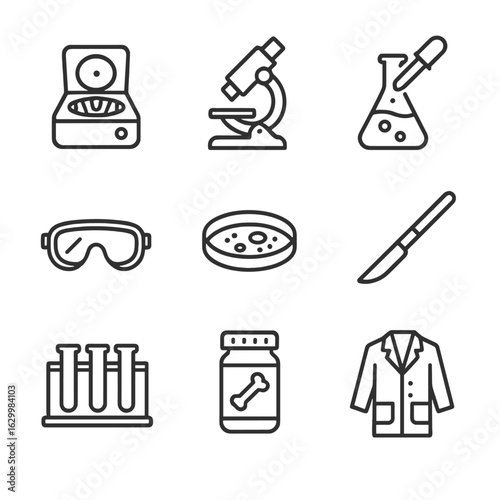 Forensic Lab Icon Set. Outline icon set of forensic lab equipment: centrifuge, microscope, chemical test, safety goggles, petri