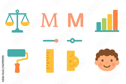 Colorful Children's Icons. Flat vector mini-illustrations variable font weight showcase in colors children's illustrations: weight