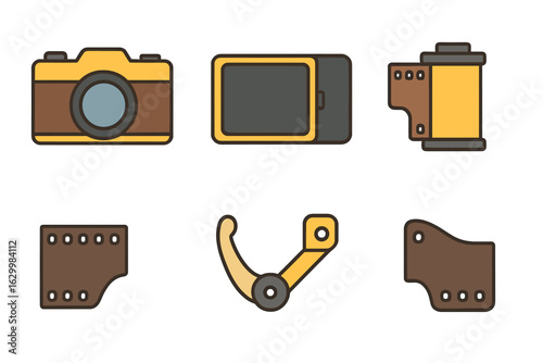 Colorful Camera Components. Flat vector mini-illustrations film roll loading in colors children's illustrations: vintage camera