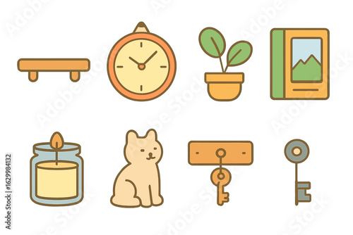 Colorful Children's Decor. Flat vector mini-illustrations clock-and-shelf combo decor in colors children's illustrations: floating