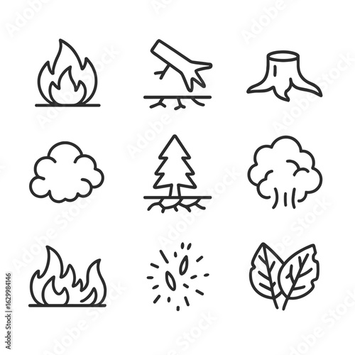 Forest Disaster Icons. Outline icon set of forest forces: wildfire blaze, falling tree, uprooted stump, dense smoke, scorched