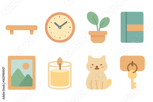 Colorful Children's Decor. Flat vector mini-illustrations clock-and-shelf combo decor in colors children's illustrations: floating