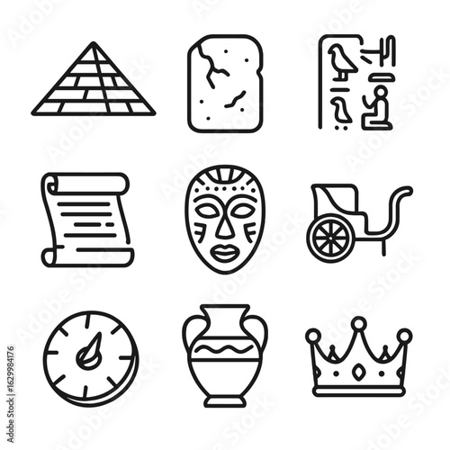 Forgotten Civilization Icons. Outline icon set of forgotten civilizations: pyramid, stone tablet, hieroglyphs, ancient scroll,