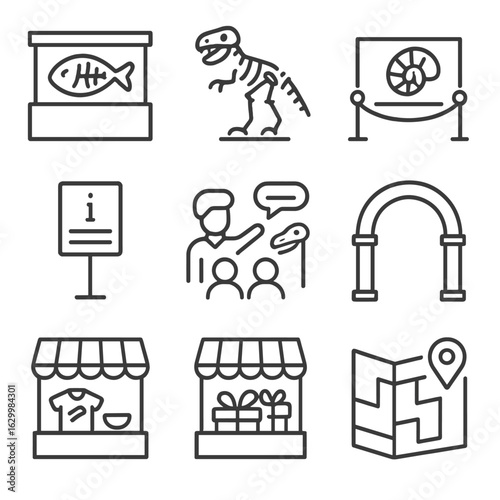 Fossil Museum Icons. Outline icon set of fossil museums: display case, dinosaur skeleton, fossil exhibit, information plaque,