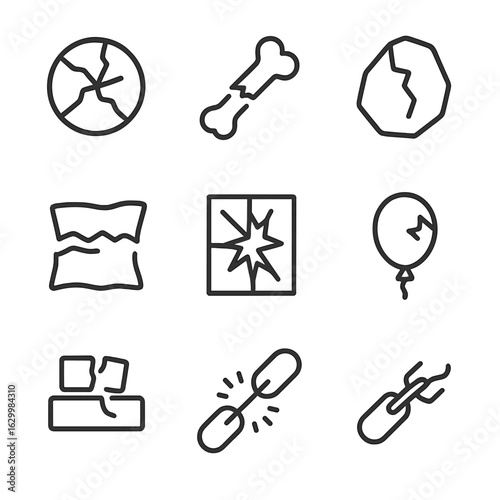 Fracture Point Icons. Outline icon set of fracture point: cracked glass, broken bone, splitting rock, snapped cable, torn fabric,