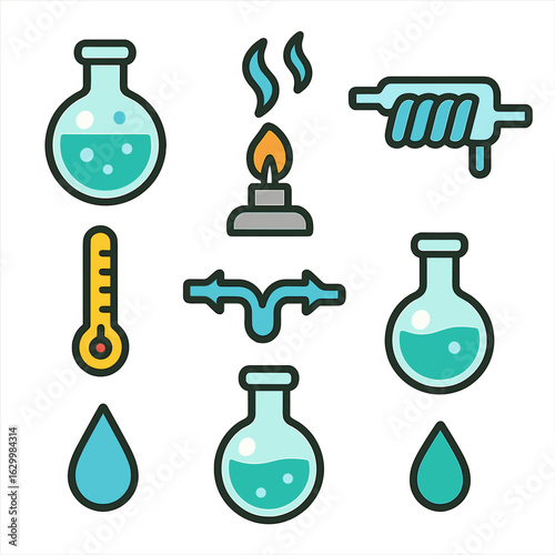 Colorful Distillation Apparatus. Flat vector mini-illustrations simple distillation apparatus in colors children's illustrations: