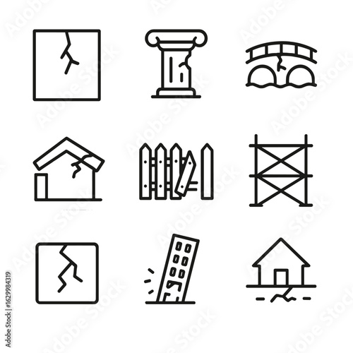 Fragile Construction Icons. Outline icon set of fragile constructions: cracked wall, broken pillar, fragile bridge, collapsing