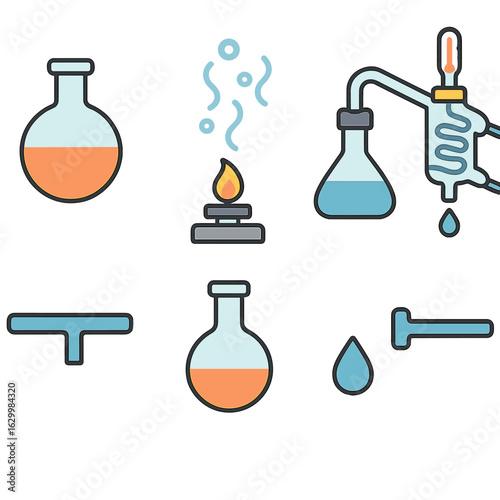 Colorful Distillation Apparatus. Flat vector mini-illustrations simple distillation apparatus in colors children's illustrations: