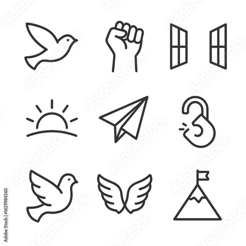 Freedom Icon Set. Outline icon set of freedom symbols: flying bird, raised fist, open gate, sunrise, paper plane, unlocked shackle