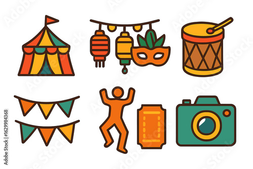 Colorful Festival Icons. Flat vector mini-illustrations cultural festival poster design in colors children's illustrations:
