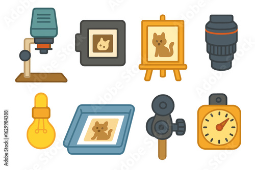 Colorful Enlarger Icons. Flat vector mini-illustrations enlarger printing process in colors children's illustrations: photographic