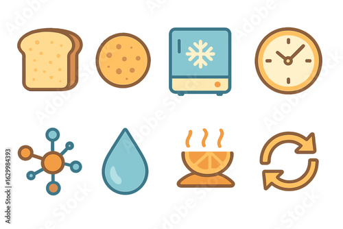 Colorful Food Chemistry Icons. Flat vector mini-illustrations starch retrogradation in baked goods in colors children's