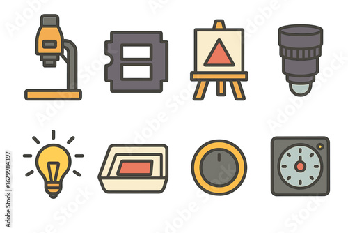 Colorful Enlarger Icons. Flat vector mini-illustrations enlarger printing process in colors children's illustrations: photographic