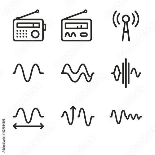 Frequency Modulation Icons. Outline icon set of frequency modulation: FM radio, AM radio, signal modulation, carrier wave,