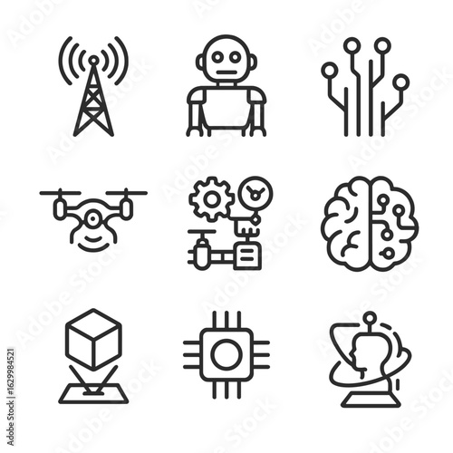 Futuristic Tech Icons. Outline icon set of awe in technology: towering antenna, futuristic robot, glowing circuit, flying drone,