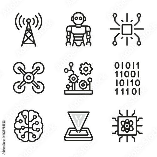 Futuristic Tech Icons. Outline icon set of awe in technology: towering antenna, futuristic robot, glowing circuit, flying drone,
