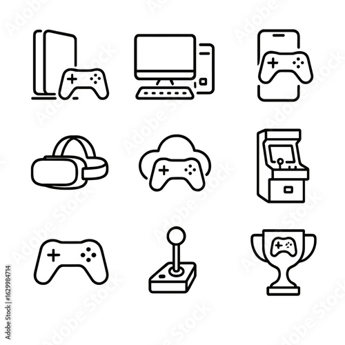 Gaming Platform Icons. Outline icon set of platform types in gaming: console, PC gaming, mobile gaming, VR headset, cloud gaming,