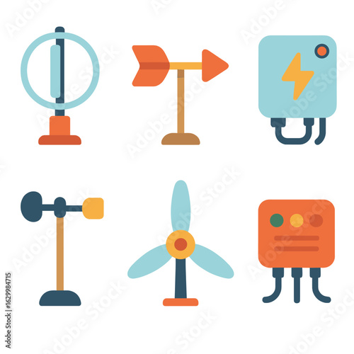 Colorful Kinetic Devices. Flat vector mini-illustrations of kinetic shading devices in colors children’s illustrations: pivoting