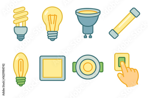 Colorful LED Bulbs. Flat vector mini-illustrations LED bulb varieties in colors children's illustrations: spiral LED, filament LED