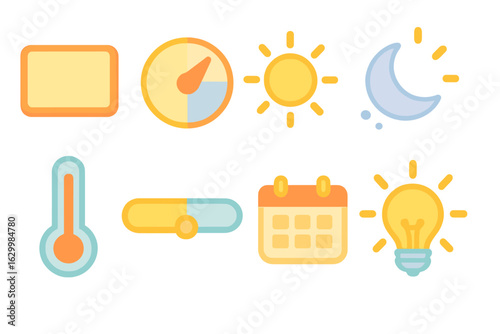 Colorful Lighting Icons Grid. Flat vector mini-illustrations tunable white fixtures in colors children's illustrations: LED panel,