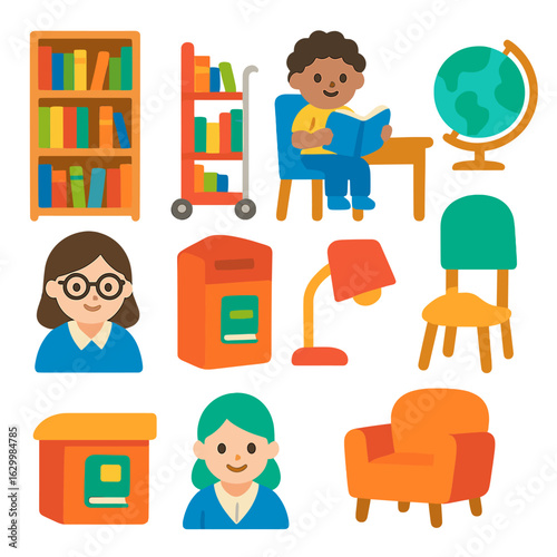 Colorful Library Adventure. Flat vector mini-illustrations a child reading in a colorful library nook in colors children's