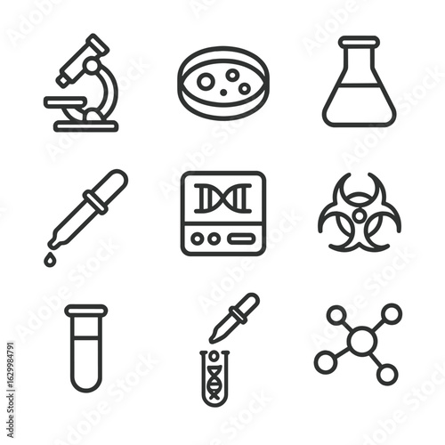Genetic Research Icons. Outline icon set of genetic research tools: microscope, petri dish, lab flask, pipette, gene sequencer,