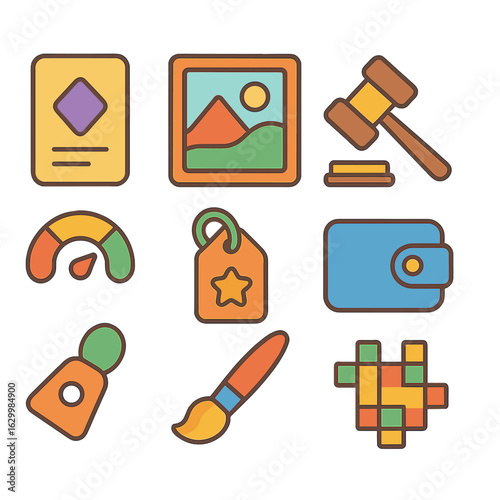 Colorful NFT Icons. Flat vector mini-illustrations NFT marketplace tools in colors children's illustrations: NFT token card,