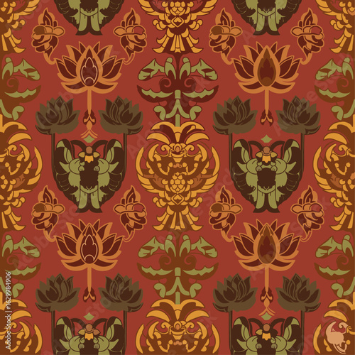 A luxurious and intricate seamless pattern with stylized floral and mythical creature motifs in a symmetrical, vertical repeat. The warm, earthy colors evoke an antique, Indian or Persian tapestry fee