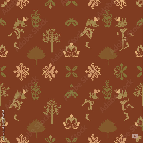 A folk art inspired seamless pattern featuring stylized figures, trees, and flowers in a rich, earthy color palette of brown, beige, and olive green. It has a hand-carved or block print feel.