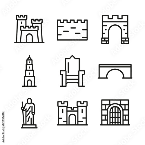 Giant Structures Icon Set. Outline icon set of giant structures: giant fortress, giant wall, giant gate, giant tower, giant throne
