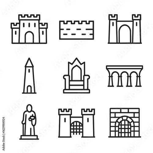 Giant Structures Icon Set. Outline icon set of giant structures: giant fortress, giant wall, giant gate, giant tower, giant throne