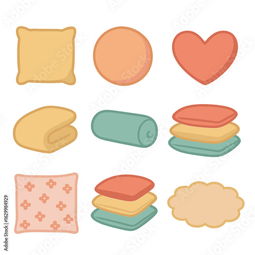 Colorful Plush Pillows. Flat vector mini-illustrations plush pillow assortment in colors children's illustrations: square pillow,