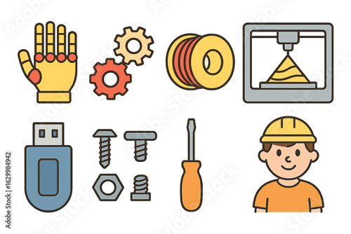 Colorful Prosthetic Hand Icons. Flat vector mini-illustrations low cost open source prosthetic hand in colors children's
