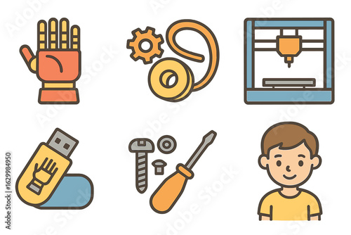 Colorful Prosthetic Hand Icons. Flat vector mini-illustrations low cost open source prosthetic hand in colors children's