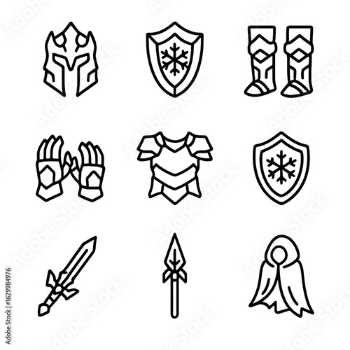 Glacial Armor Icon Set. Outline icon set of glacial battle armor: frost helm, icy shield, frozen greaves, crystal gauntlets, snow