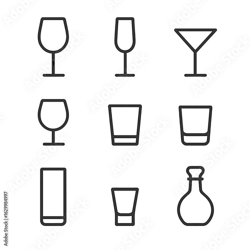 Glassware Icon Set. Outline icon set of dining glassware: wine glass, champagne flute, cocktail glass, water goblet, juice tumbler