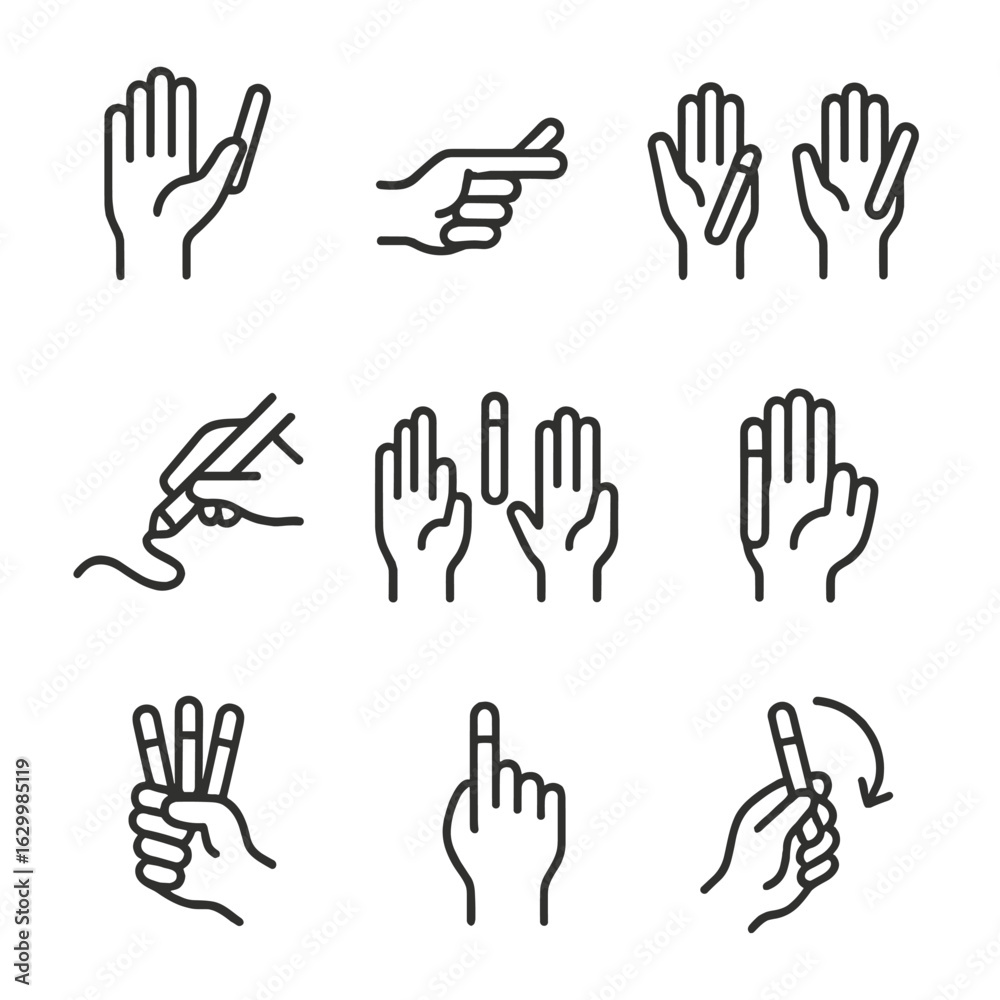 Obraz premium Glowstick Gesture Icons. Outline icon set of glowstick gestures: waving, pointing, drawing, cheering, dancing, signaling, counting