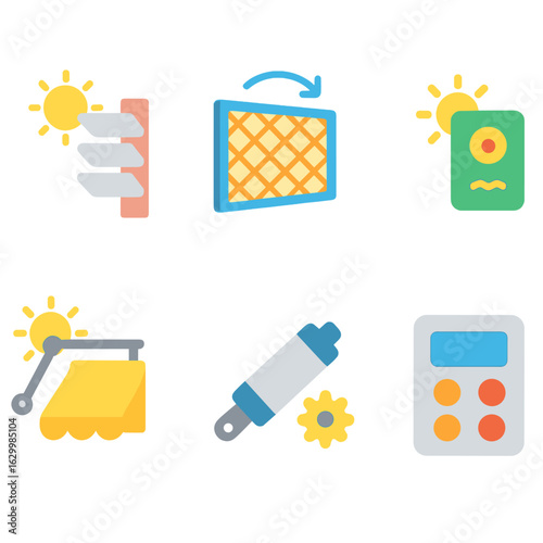 Colorful Shading Devices. Flat vector mini-illustrations of kinetic shading devices in colors children’s illustrations: pivoting