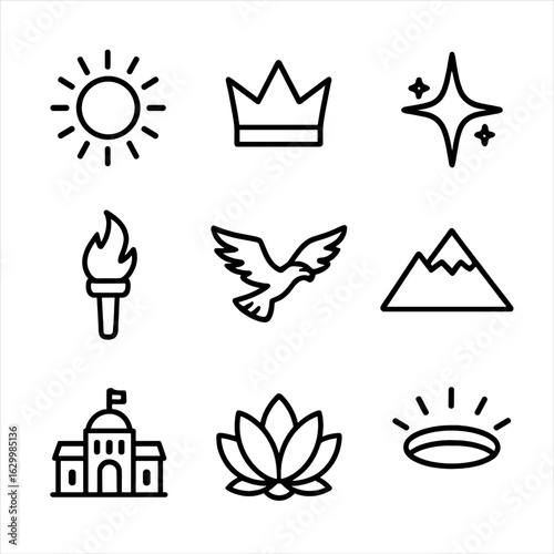 Glorious Icons Set. Outline icon set of glorious: shining sun, radiant crown, sparkling star, blazing torch, soaring eagle,