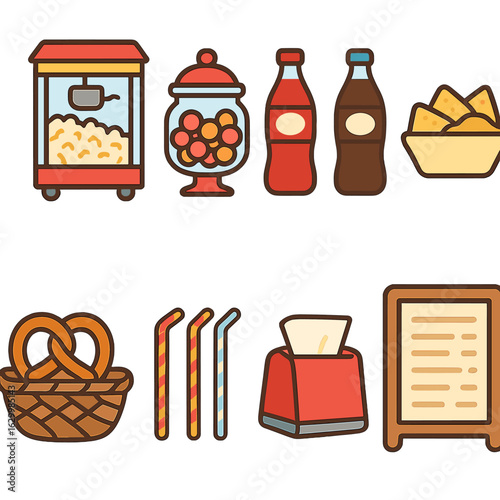 Colorful Snack Icons. Flat vector mini-illustrations popcorn and snack bar in colors children's illustrations: popcorn machine,